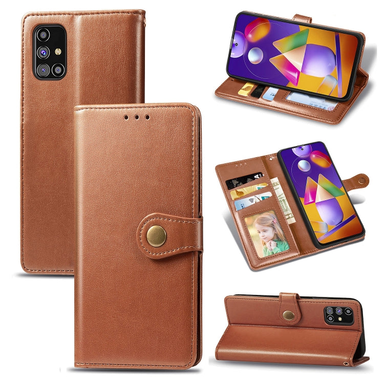 For Samsung Galaxy M31s Solid Color Leather Buckle Phone Case with Lanyard & Photo Frame & Card Slot & Wallet & Stand Function