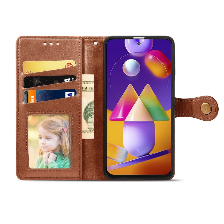 For Samsung Galaxy M31s Solid Color Leather Buckle Phone Case with Lanyard & Photo Frame & Card Slot & Wallet & Stand Function