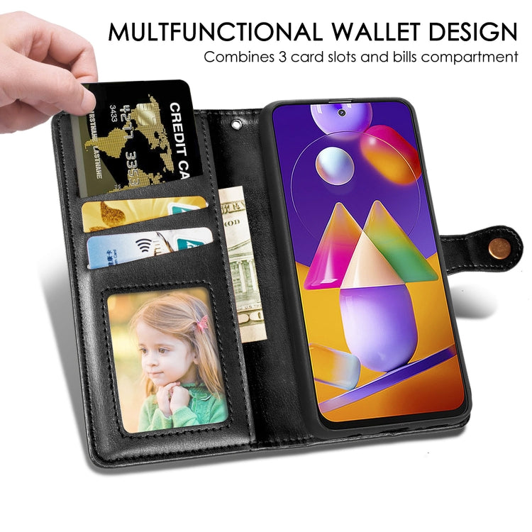 For Samsung Galaxy M31s Solid Color Leather Buckle Phone Case with Lanyard & Photo Frame & Card Slot & Wallet & Stand Function