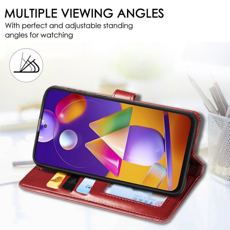 For Samsung Galaxy M31s Solid Color Leather Buckle Phone Case with Lanyard & Photo Frame & Card Slot & Wallet & Stand Function
