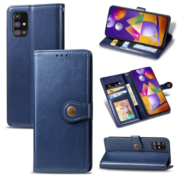 For Samsung Galaxy M31s Solid Color Leather Buckle Phone Case with Lanyard & Photo Frame & Card Slot & Wallet & Stand Function