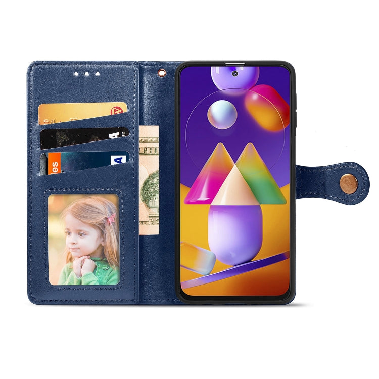 For Samsung Galaxy M31s Solid Color Leather Buckle Phone Case with Lanyard & Photo Frame & Card Slot & Wallet & Stand Function