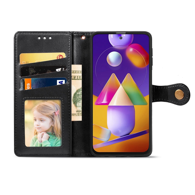 For Samsung Galaxy M31s Solid Color Leather Buckle Phone Case with Lanyard & Photo Frame & Card Slot & Wallet & Stand Function