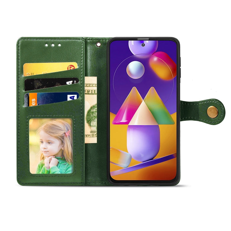 For Samsung Galaxy M31s Solid Color Leather Buckle Phone Case with Lanyard & Photo Frame & Card Slot & Wallet & Stand Function