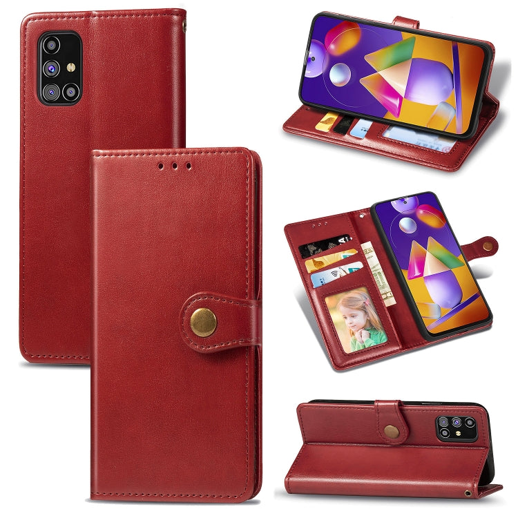 For Samsung Galaxy M31s Solid Color Leather Buckle Phone Case with Lanyard & Photo Frame & Card Slot & Wallet & Stand Function
