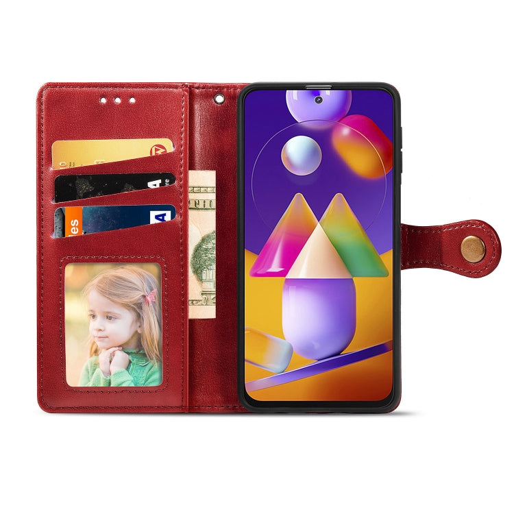 For Samsung Galaxy M31s Solid Color Leather Buckle Phone Case with Lanyard & Photo Frame & Card Slot & Wallet & Stand Function