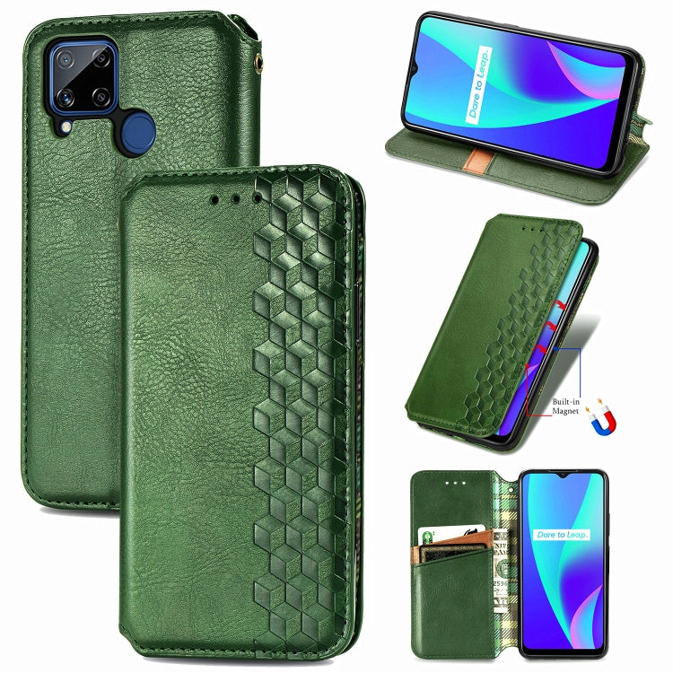 For OPPO Realme C15 Cubic Grid Pressed Horizontal Flip Magnetic PU Leather Case with Holder & Card Slots & Wallet