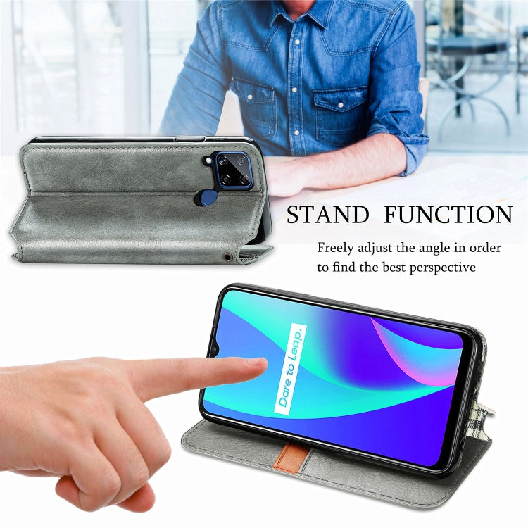 For OPPO Realme C15 Cubic Grid Pressed Horizontal Flip Magnetic PU Leather Case with Holder & Card Slots & Wallet