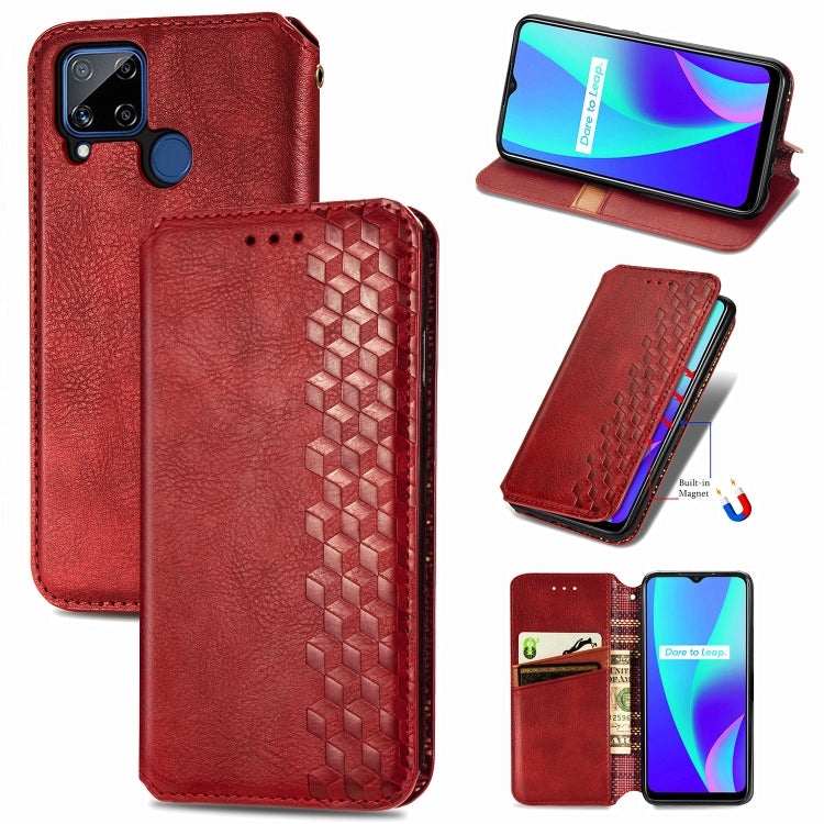 For OPPO Realme C15 Cubic Grid Pressed Horizontal Flip Magnetic PU Leather Case with Holder & Card Slots & Wallet
