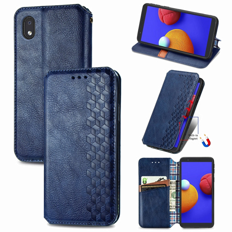 For Samsung Galaxy A01 Core Cubic Grid Pressed Horizontal Flip Magnetic PU Leather Case with Holder & Card Slots & Wallet