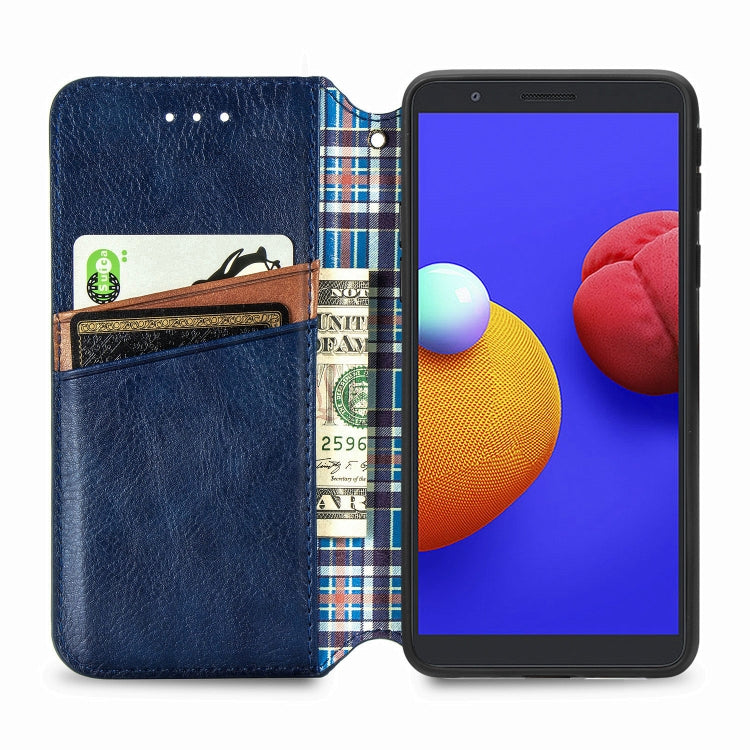For Samsung Galaxy A01 Core Cubic Grid Pressed Horizontal Flip Magnetic PU Leather Case with Holder & Card Slots & Wallet