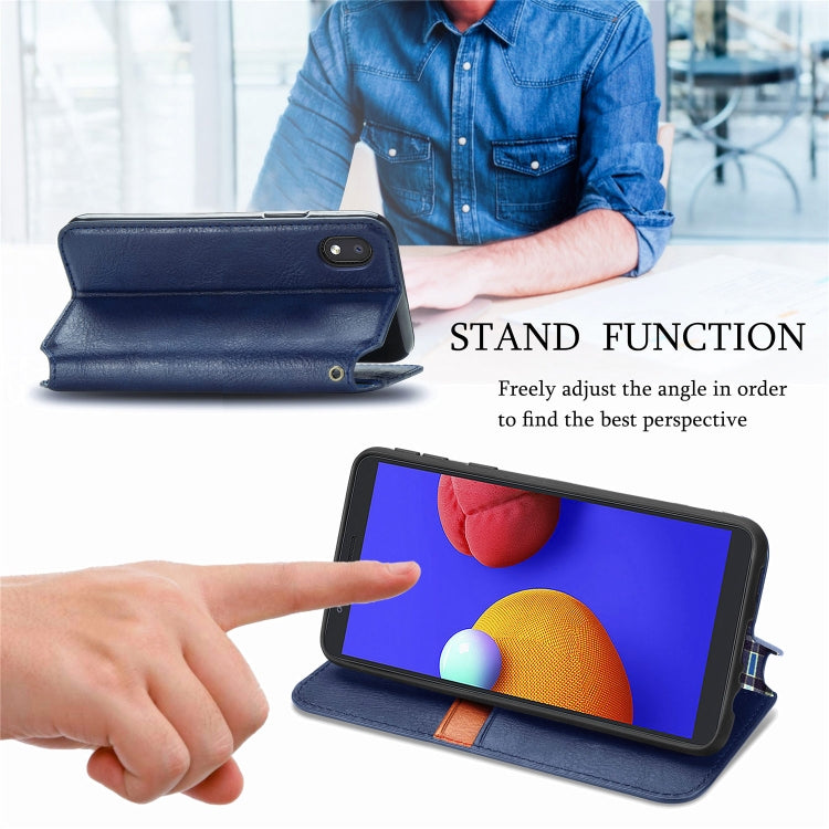 For Samsung Galaxy A01 Core Cubic Grid Pressed Horizontal Flip Magnetic PU Leather Case with Holder & Card Slots & Wallet