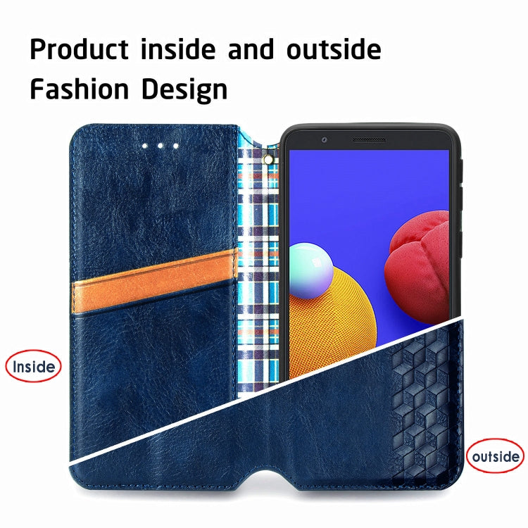 For Samsung Galaxy A01 Core Cubic Grid Pressed Horizontal Flip Magnetic PU Leather Case with Holder & Card Slots & Wallet