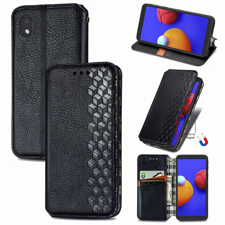 For Samsung Galaxy A01 Core Cubic Grid Pressed Horizontal Flip Magnetic PU Leather Case with Holder & Card Slots & Wallet