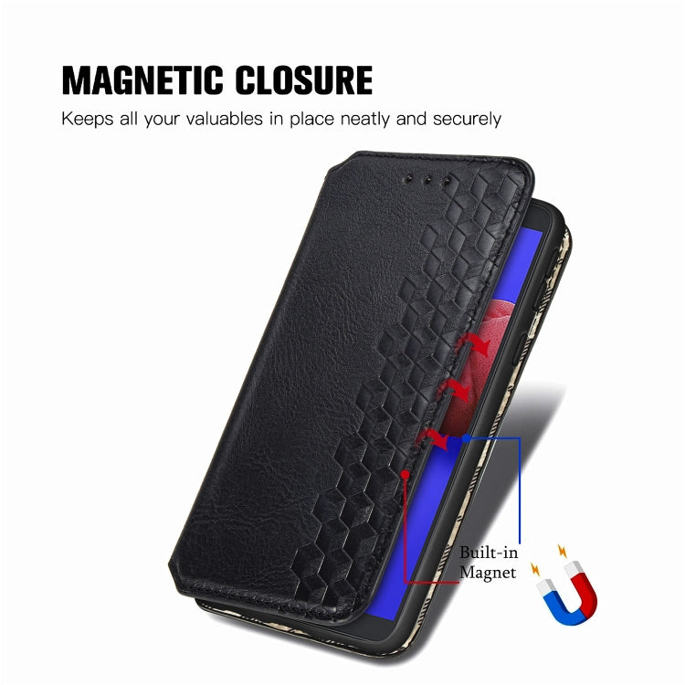 For Samsung Galaxy A01 Core Cubic Grid Pressed Horizontal Flip Magnetic PU Leather Case with Holder & Card Slots & Wallet