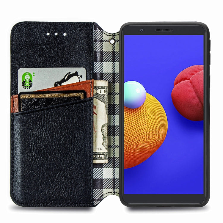 For Samsung Galaxy A01 Core Cubic Grid Pressed Horizontal Flip Magnetic PU Leather Case with Holder & Card Slots & Wallet