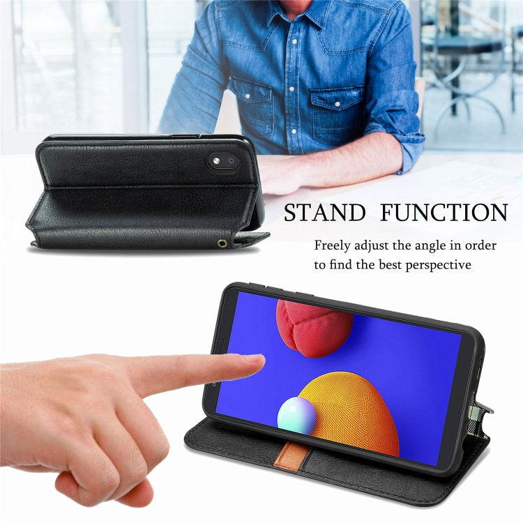 For Samsung Galaxy A01 Core Cubic Grid Pressed Horizontal Flip Magnetic PU Leather Case with Holder & Card Slots & Wallet
