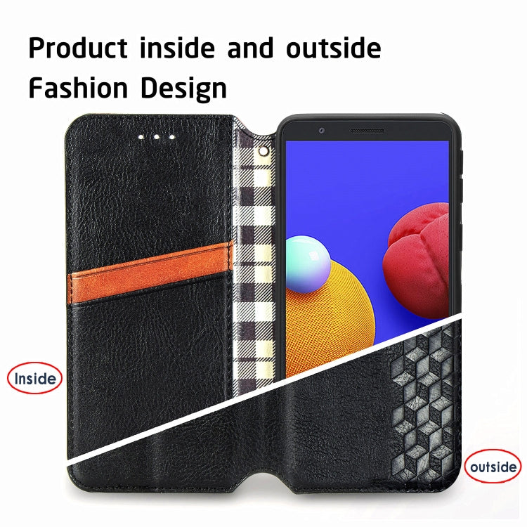 For Samsung Galaxy A01 Core Cubic Grid Pressed Horizontal Flip Magnetic PU Leather Case with Holder & Card Slots & Wallet