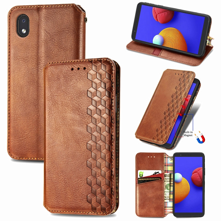 For Samsung Galaxy A01 Core Cubic Grid Pressed Horizontal Flip Magnetic PU Leather Case with Holder & Card Slots & Wallet