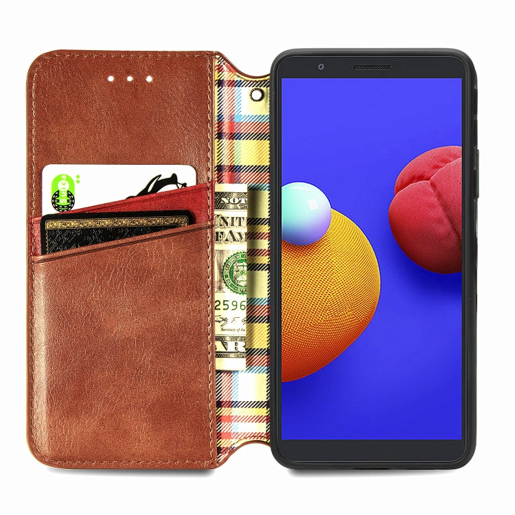 For Samsung Galaxy A01 Core Cubic Grid Pressed Horizontal Flip Magnetic PU Leather Case with Holder & Card Slots & Wallet