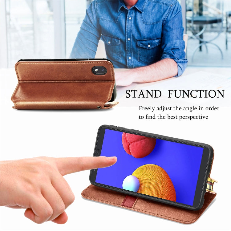 For Samsung Galaxy A01 Core Cubic Grid Pressed Horizontal Flip Magnetic PU Leather Case with Holder & Card Slots & Wallet