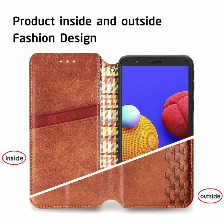 For Samsung Galaxy A01 Core Cubic Grid Pressed Horizontal Flip Magnetic PU Leather Case with Holder & Card Slots & Wallet
