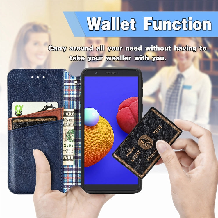 For Samsung Galaxy A01 Core Cubic Grid Pressed Horizontal Flip Magnetic PU Leather Case with Holder & Card Slots & Wallet