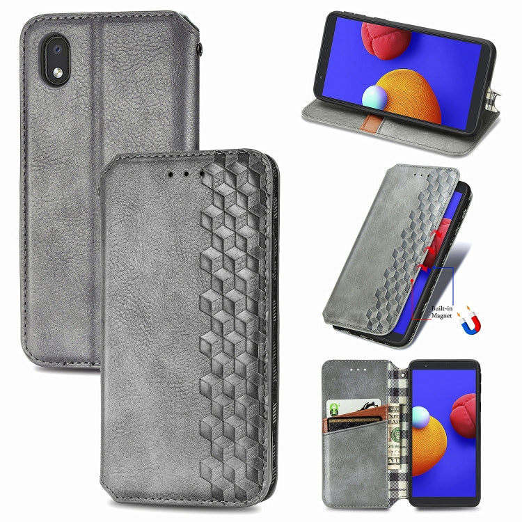 For Samsung Galaxy A01 Core Cubic Grid Pressed Horizontal Flip Magnetic PU Leather Case with Holder & Card Slots & Wallet