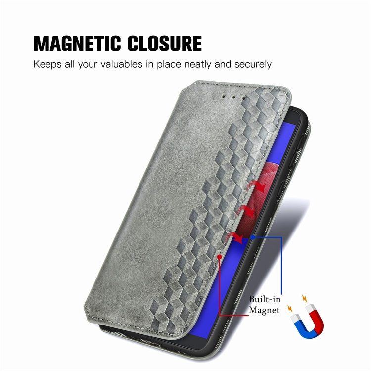 For Samsung Galaxy A01 Core Cubic Grid Pressed Horizontal Flip Magnetic PU Leather Case with Holder & Card Slots & Wallet