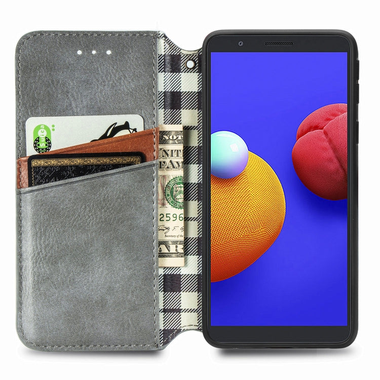 For Samsung Galaxy A01 Core Cubic Grid Pressed Horizontal Flip Magnetic PU Leather Case with Holder & Card Slots & Wallet