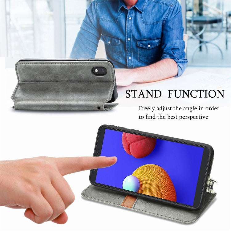 For Samsung Galaxy A01 Core Cubic Grid Pressed Horizontal Flip Magnetic PU Leather Case with Holder & Card Slots & Wallet