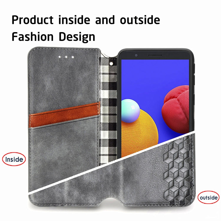 For Samsung Galaxy A01 Core Cubic Grid Pressed Horizontal Flip Magnetic PU Leather Case with Holder & Card Slots & Wallet