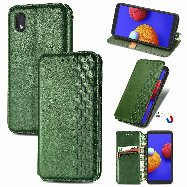 For Samsung Galaxy A01 Core Cubic Grid Pressed Horizontal Flip Magnetic PU Leather Case with Holder & Card Slots & Wallet