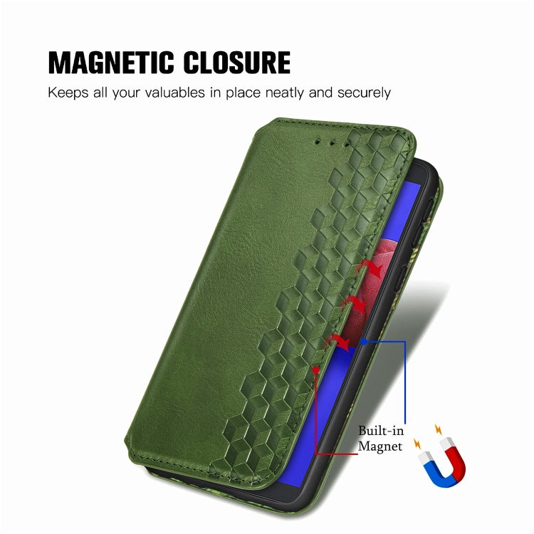 For Samsung Galaxy A01 Core Cubic Grid Pressed Horizontal Flip Magnetic PU Leather Case with Holder & Card Slots & Wallet