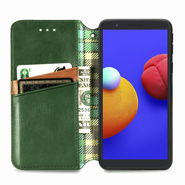 For Samsung Galaxy A01 Core Cubic Grid Pressed Horizontal Flip Magnetic PU Leather Case with Holder & Card Slots & Wallet