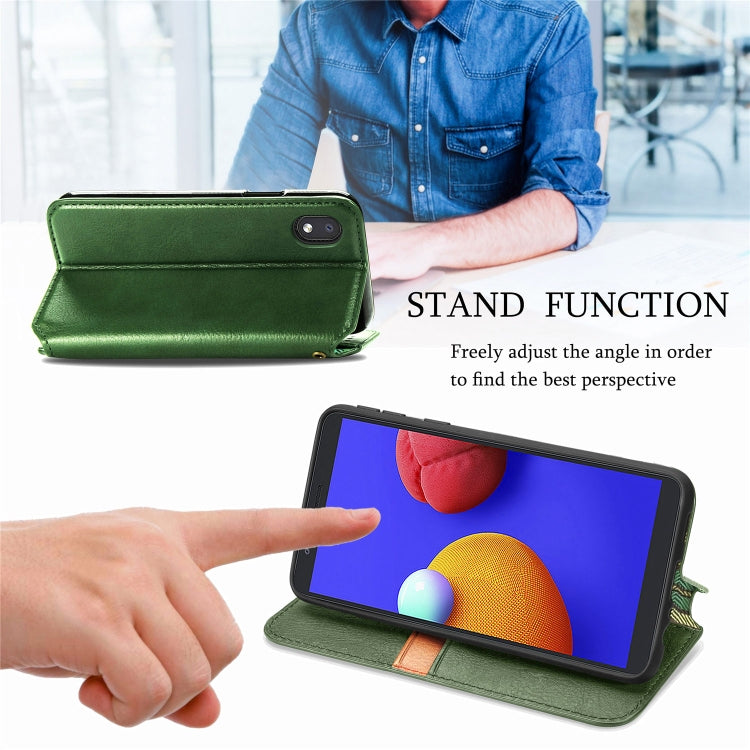 For Samsung Galaxy A01 Core Cubic Grid Pressed Horizontal Flip Magnetic PU Leather Case with Holder & Card Slots & Wallet
