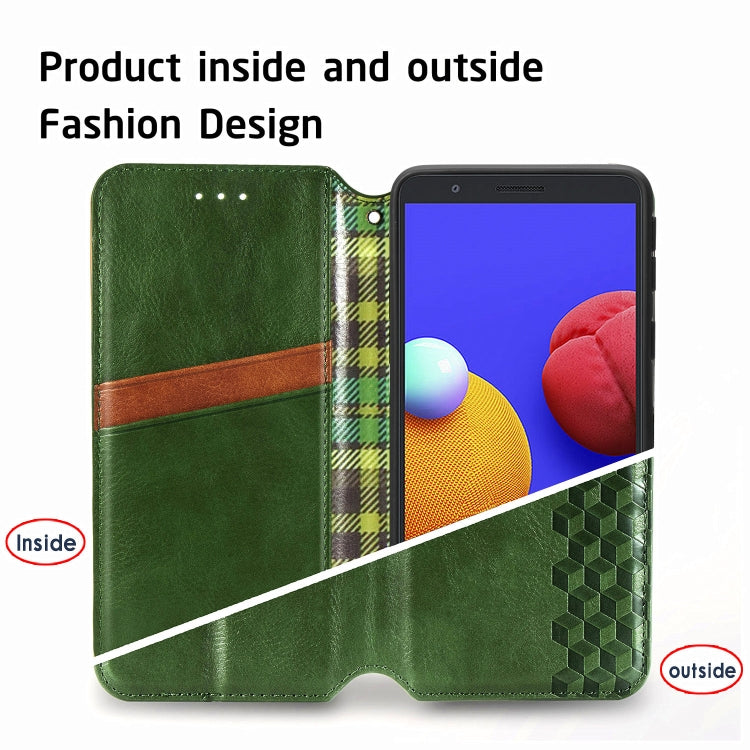 For Samsung Galaxy A01 Core Cubic Grid Pressed Horizontal Flip Magnetic PU Leather Case with Holder & Card Slots & Wallet