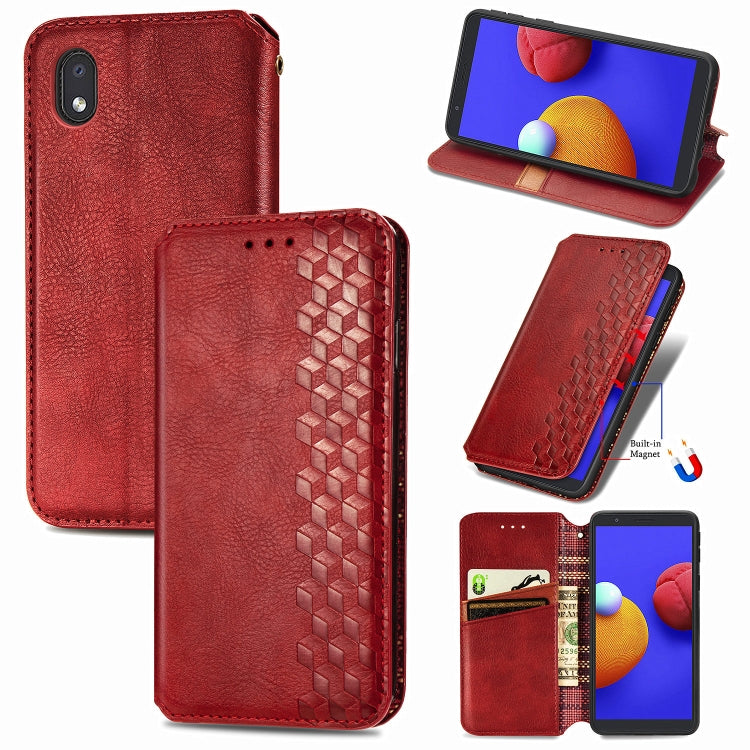 For Samsung Galaxy A01 Core Cubic Grid Pressed Horizontal Flip Magnetic PU Leather Case with Holder & Card Slots & Wallet