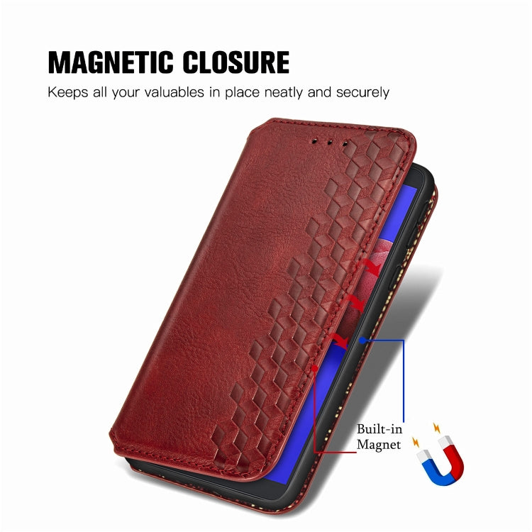 For Samsung Galaxy A01 Core Cubic Grid Pressed Horizontal Flip Magnetic PU Leather Case with Holder & Card Slots & Wallet