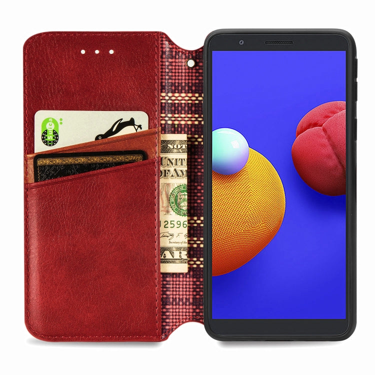 For Samsung Galaxy A01 Core Cubic Grid Pressed Horizontal Flip Magnetic PU Leather Case with Holder & Card Slots & Wallet