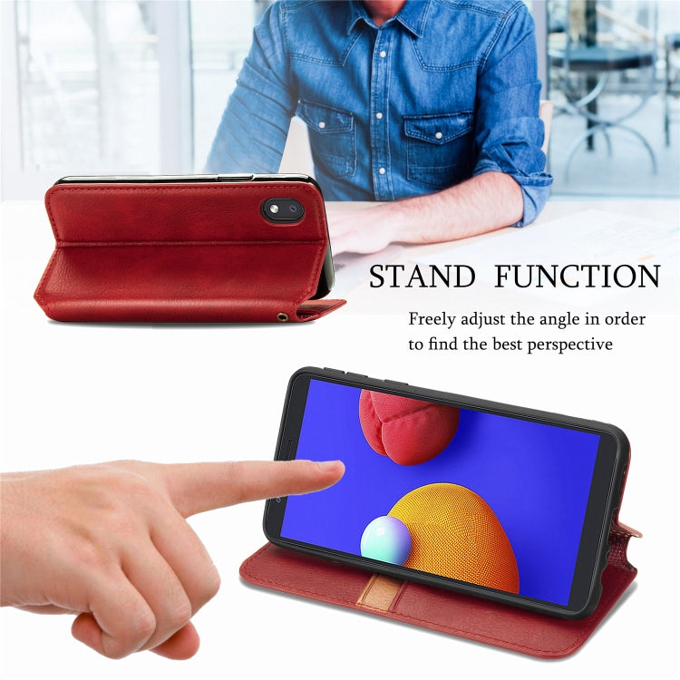 For Samsung Galaxy A01 Core Cubic Grid Pressed Horizontal Flip Magnetic PU Leather Case with Holder & Card Slots & Wallet