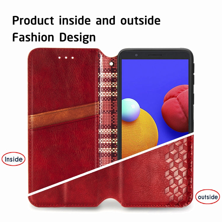 For Samsung Galaxy A01 Core Cubic Grid Pressed Horizontal Flip Magnetic PU Leather Case with Holder & Card Slots & Wallet