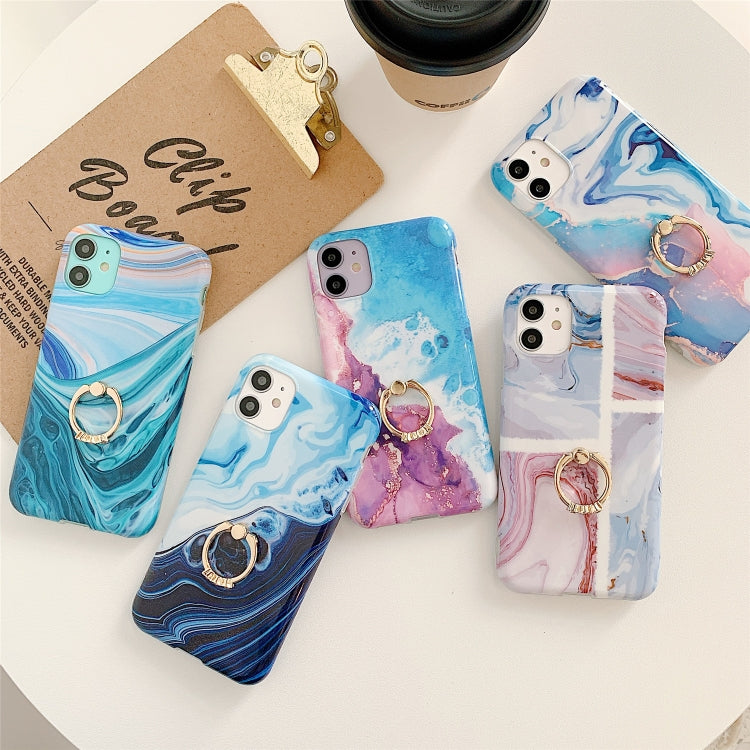 For iPhone 12 / 12 Pro Ocean Wave Coral IMD TPU Smooth Marble Mobile Phone Protective Case with Ring Metal Rhinestone Holder
