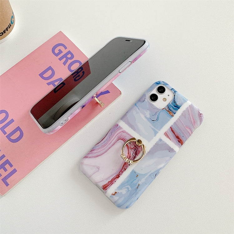 For iPhone 12 Pro Max Ocean Wave Coral IMD TPU Smooth Marble Mobile Phone Protective Case with Ring Metal Rhinestone Holder