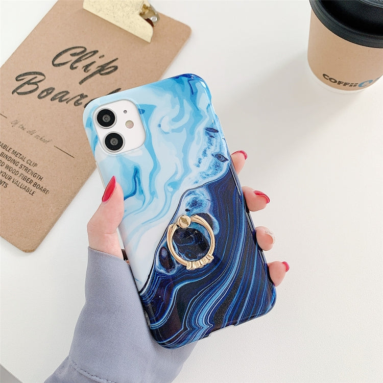 For iPhone 12 Pro Max Ocean Wave Coral IMD TPU Smooth Marble Mobile Phone Protective Case with Ring Metal Rhinestone Holder