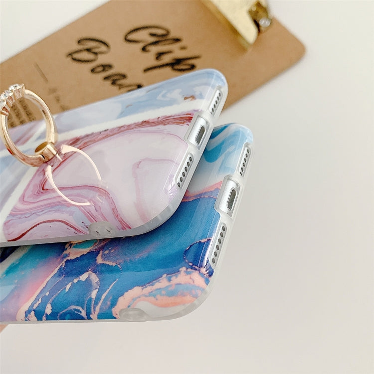 For iPhone 12 Pro Max Ocean Wave Coral IMD TPU Smooth Marble Mobile Phone Protective Case with Ring Metal Rhinestone Holder