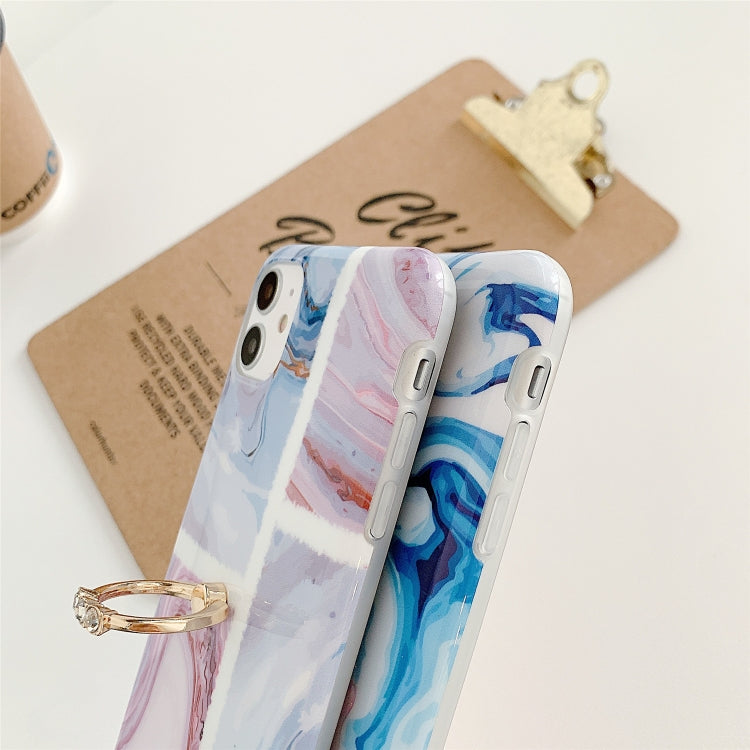 For iPhone 12 Pro Max Ocean Wave Coral IMD TPU Smooth Marble Mobile Phone Protective Case with Ring Metal Rhinestone Holder