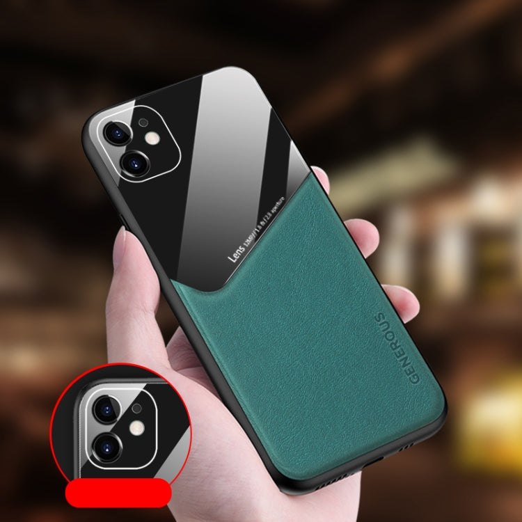 For iPhone 12 mini All-inclusive Leather + Organic Glass Phone Case with Metal Iron Sheet