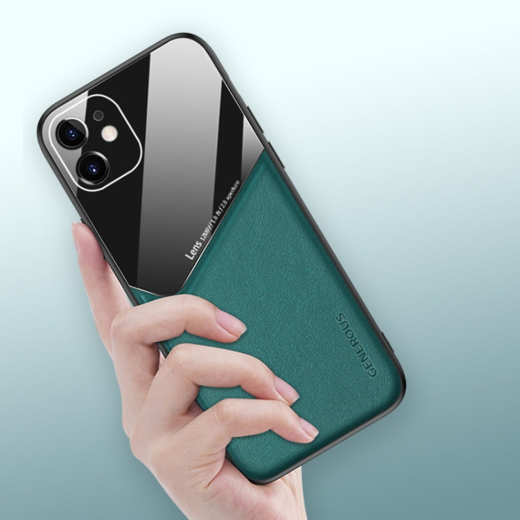 For iPhone 12 All-inclusive Leather + Organic Glass Phone Case with Metal Iron Sheet