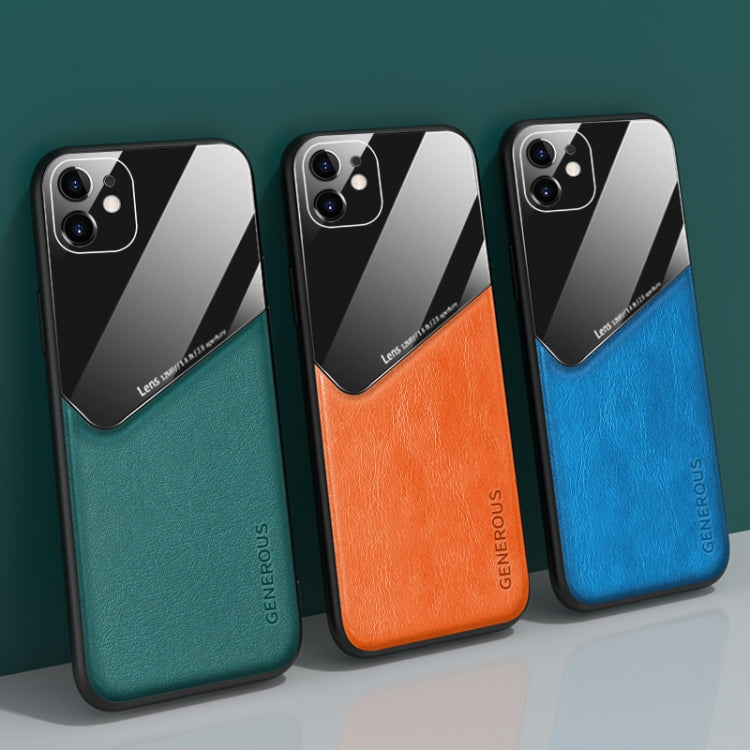 For iPhone 12 All-inclusive Leather + Organic Glass Phone Case with Metal Iron Sheet